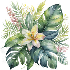 Watercolor of Tropical spring floral green leaves and flowers cut out, png watercolor flower spring, for wedding card 