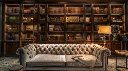 Obraz na płótnie Canvas A luxurious velvet sofa bathed in soft lamplight, surrounded by shelves of leather-bound books in a cozy library.