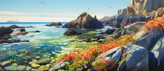 An art piece depicting a natural landscape with a rocky shoreline, water in the background, and a...