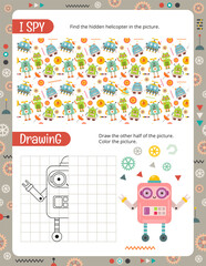 Activity Page with Robots. Printable Activity worksheet with Robot Activities – I spy, Drawing. Vector illustration.