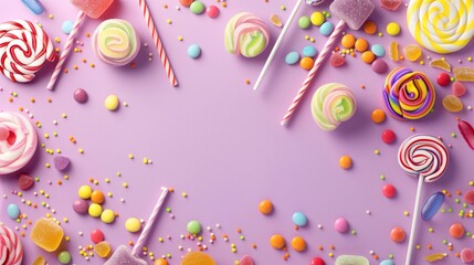Colorful candies on purple background