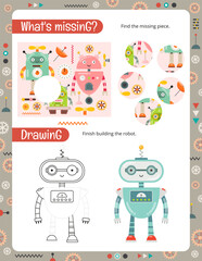 Activity Page for Kids. Printable Activity worksheet with Robot Activities – find missing piece, drawing. Vector illustration.