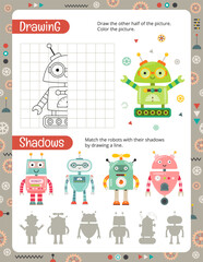 Cute Robot Activity Page for Kids. Printable worksheet with Robots Activities – drawing half, matching shadows. Vector illustration.