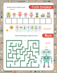 Activity Pages for Kids. Printable Activity Sheet with Robots Activities – Maze, Code breaker. Vector illustration.