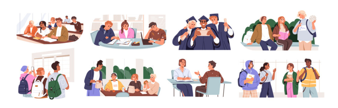 University students life set. Learners study, education, communication. People learning in library, classroom, lecture class, at exam. Flat graphic vector illustrations isolated on white background