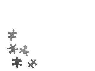 Frame formed of grey puzzle pieces with noise or grain. Photo of jigsaw puzzle pieces isolated against white or PNG transparent background. Business, logic,  conceptual background