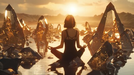 Woman Meditating in Lotus Position With Crystal Pyramids - obrazy, fototapety, plakaty