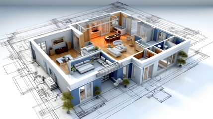 Naklejka premium 3d blueprint of a house with isolated background
