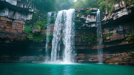 A majestic waterfall cascading down rugged cliffs into a pristine emerald pool below, surrounded by lush rainforest.