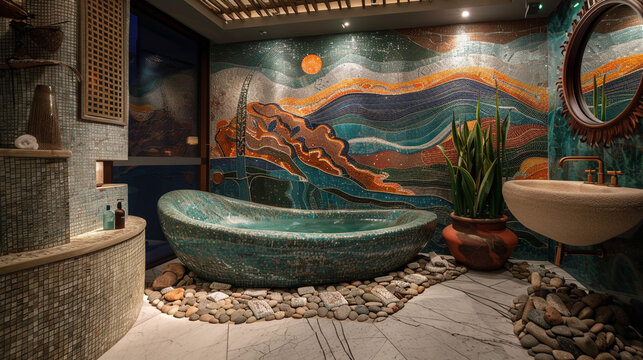 Artistic bathroom design with mosaic tile murals, sculptural elements, and creative flair.