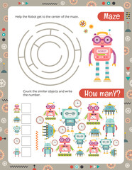 Robot Activity Pages for Book. Printable worksheet with Robots Activities – Maze, math game. Vector illustration.