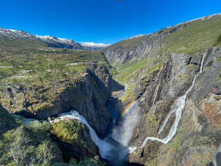 The famous waterfall Voringsfossen in Norway on a sunny day
