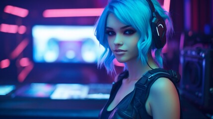A beautiful Gamer-Streamer girl, a young cyberpunk cosplayer, a woman with headphones, white hair,...