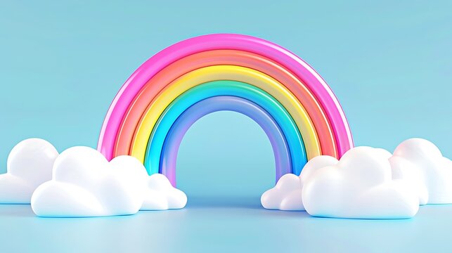 3d cartoon rainbow arch of colors in the sky on white background. 3d product background concept rain season for banner, cover, brochure. 3d rendering illustration