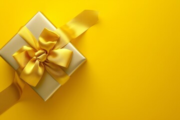 Obraz na płótnie Canvas Yellow Gift Box With Bow on Yellow Background