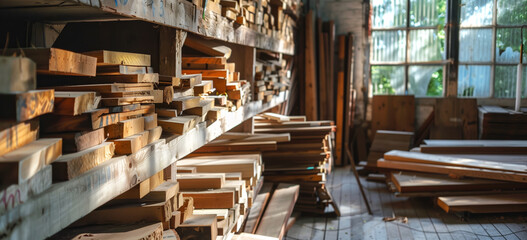 Wood working room, wood storage shelves, bins. Wood working, woods storage. 
