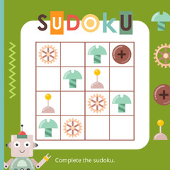 Robot Puzzle game for children. Robotic in Sudoku. Vector illustration. Robot Sudoku for kids activity book. Book square format.