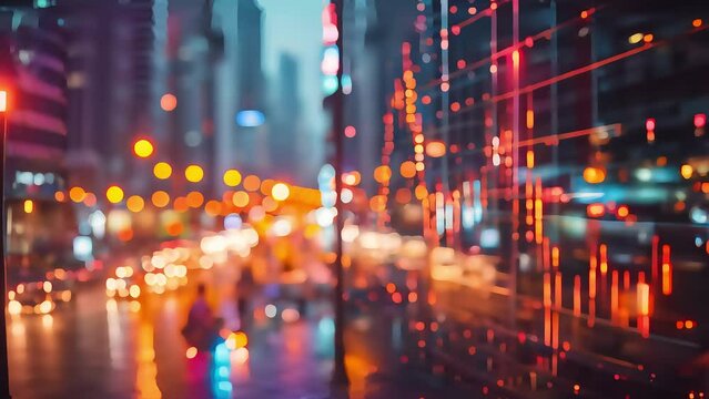 Abstract blurred cityscape at night with vibrant bokeh lights, depicting urban life and traffic in a modern city.