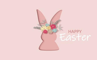 Illustration. Happy Easter. Postcard with a cute cut-out Easter bunny, spring flowers in pastel colors, on a pink background.