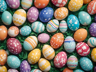 Fototapeta premium colorful easter eggs on grass field. AI Generated.