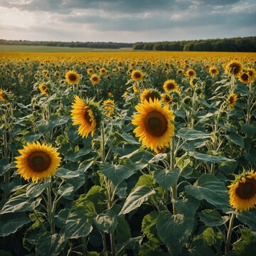 Sunflowers on green landscape with  spring mode