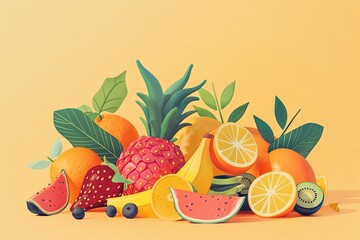 A vivid array of tropical fruits artistically depicted against a warm backdrop, invoking a fresh, summery feel.