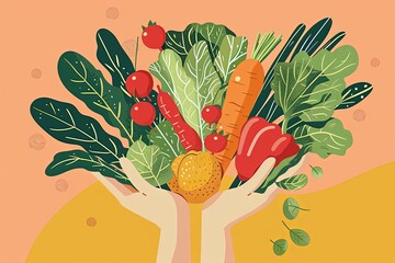 A whimsical portrayal of hands offering an abundance of vibrant vegetables, symbolizing nature's generosity and healthy living.