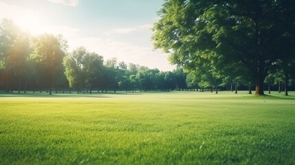 Fototapeta premium Sunlit Green Park With Fresh Morning Dew
