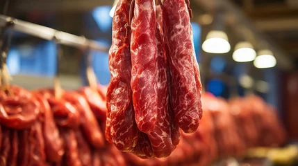 Fotobehang a hanging sausage in a market or butcher shop © Media Srock