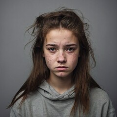 Teenage girl with acne on dark background. AI Generated.