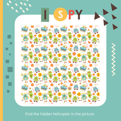 Cute Robots activities for kids. I spy game. Find the hidden helicopter. Logic games for children. Vector illustration.