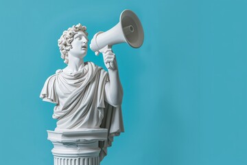 Ancient Statue With Megaphone Against Blue Background