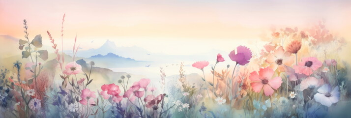 Obraz na płótnie Canvas Dreamy watercolor backdrop with whimsical wildflowers, creating a sense of enchantment . Generative AI