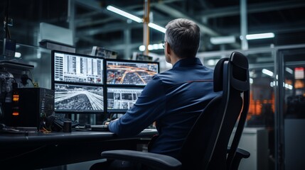 Automotive engineer sitting in front of a computer monitoring control car factory work desk