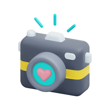 3d vector love photo camera icon. Camera icon with a heart symbol on the len. 3d love, valentine day and wedding photographer concept. Isolated on white background. 3d icon vector render illustration.