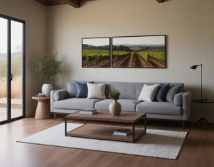 Rustic Modern Living Room with Panoramic Vineyard Triptych