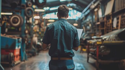 Obraz premium a mechanic is measuring a job checklist in a car repair shop