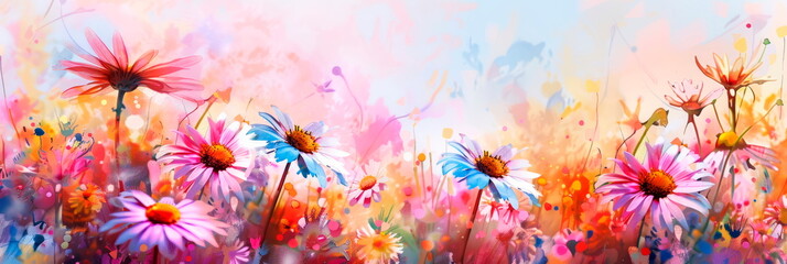 Cheerful watercolor background featuring a field of vibrant daisies, perfect for celebrating the joy and beauty of nature . Generative AI - obrazy, fototapety, plakaty