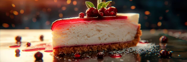 Fotobehang slice of creamy cheesecake, showcasing its smooth texture and decadent toppings in macro detail.Generative AI © Лилия Захарчук