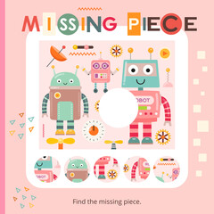 Robot activities for kids. Find the correct  missing piece for picture. Vector illustration. Matching game. Square page for Activity Book.