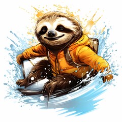 Fototapeta premium Cool surfer animal. Sloth on a surfboard. Active sports beach. Summer vibe. Illustration on a white background
