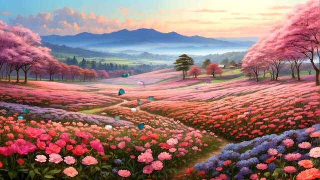 Spring scenery in a field of pink flowers and leaves and butterflies in the morning Seamless looping time-lapse animation Video background Generated AI