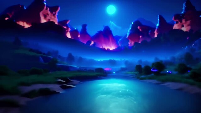 mystical night landscape with glowing river under a starry sky, bordered by silhouetted mountains with a luminous moon, radiates tranquil, enchanting vibes for fantasy or meditation visuals