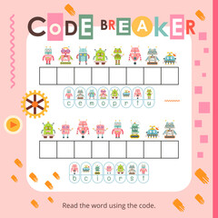 Robot activities for kids. Find the hidden words in Code Breaker. Logic games for children. Vector illustration. Square page for Activity Book.