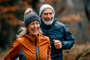 Fototapeta premium Elderly Couple Embracing Active Lifestyle: Smiling Seniors Jogging Outdoors Together in Nature for Healthy Retirement Fitness