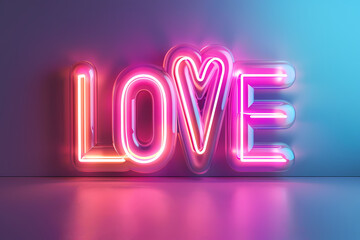 Dimensional text Love. Neon lights and colors.