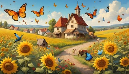 A whimsical depiction of Dobroslav village, with playful animals frolicking in the fields of sunflowers and colorful butterflies fluttering through the air, creating a lively and vibrant atmosphere.