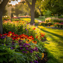 A manicured lawn with vibrant flower beds and neatly trimmed shrubs, basking in the golden glow of the setting sun