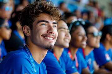 Blue-shirted fans in the stands: cheering on their team in the fan zone at a live match