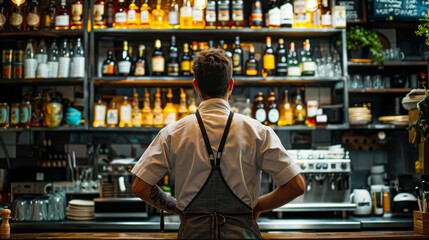 Masterful Chef Posing by the Bar in a Restaurant Setting